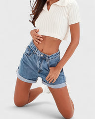 Catherine | Short en Jean Taille Haute avec Revers