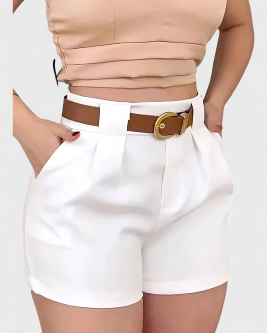 Émilie | Short Taille Haute à Poches Obliques avec Ceinture Dorée